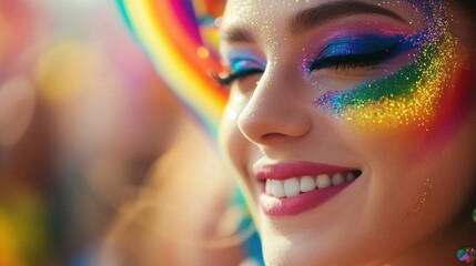 Obraz premium A close-up of vibrant pride makeup on a smiling face, with artistic rainbow details and a blurred pride parade crowd in the background.