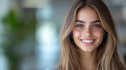 Obraz premium Young woman smiling while wearing headphones, with a soft-focus background of greenery and light