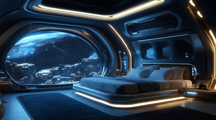 Stunning futuristic spaceship bedroom with a large window offering a spectacular view of space.  The room is beautifully designed, modern and comfortable.