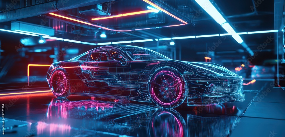 Poster light effects and neon visuals form a holographic display of a car, highlighting advanced diagnostic