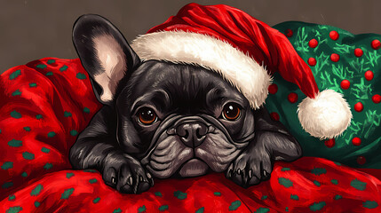 Adorable french bulldog sitting cozily on a red and green christmas blanket and wearing a festive santa hat. Velvetfern. Illustration