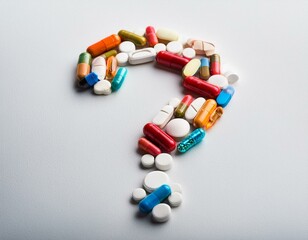 lots of pills of many colors and sizes formed into a question mark, symbolizing confusion about health care antibiotics supplements and prescriptions