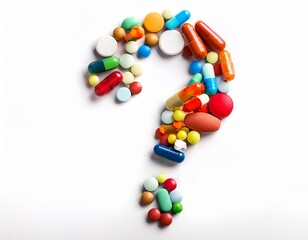 lots of pills of many colors and sizes formed into a question mark, symbolizing confusion about health care antibiotics supplements and prescriptions