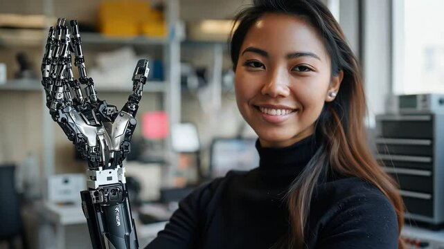 A woman robotics expert showcases AI technology in prosthetics, creating innovative devices that improve mobility for disabled people
