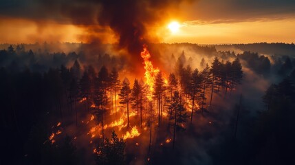 Dramatic Aerial View of Wildfire Ravaging a Forest Landscape