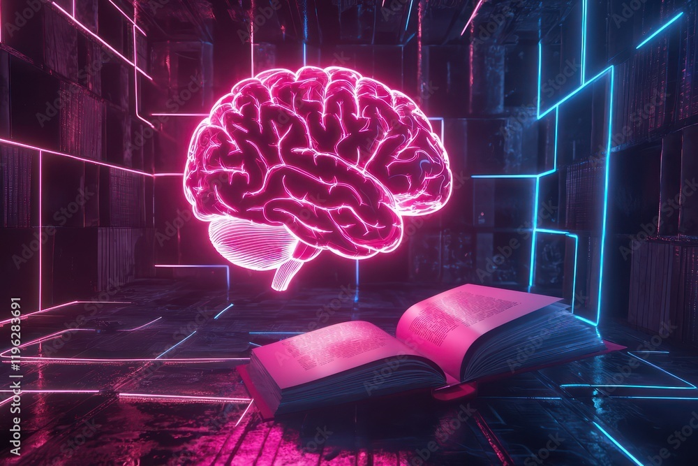 Aufkleber neon-illuminated brain with a book in a 3d abstract, showing the enrichment of reading.