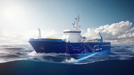 Obraz premium Blue research vessel on ocean, towing underwater equipment.