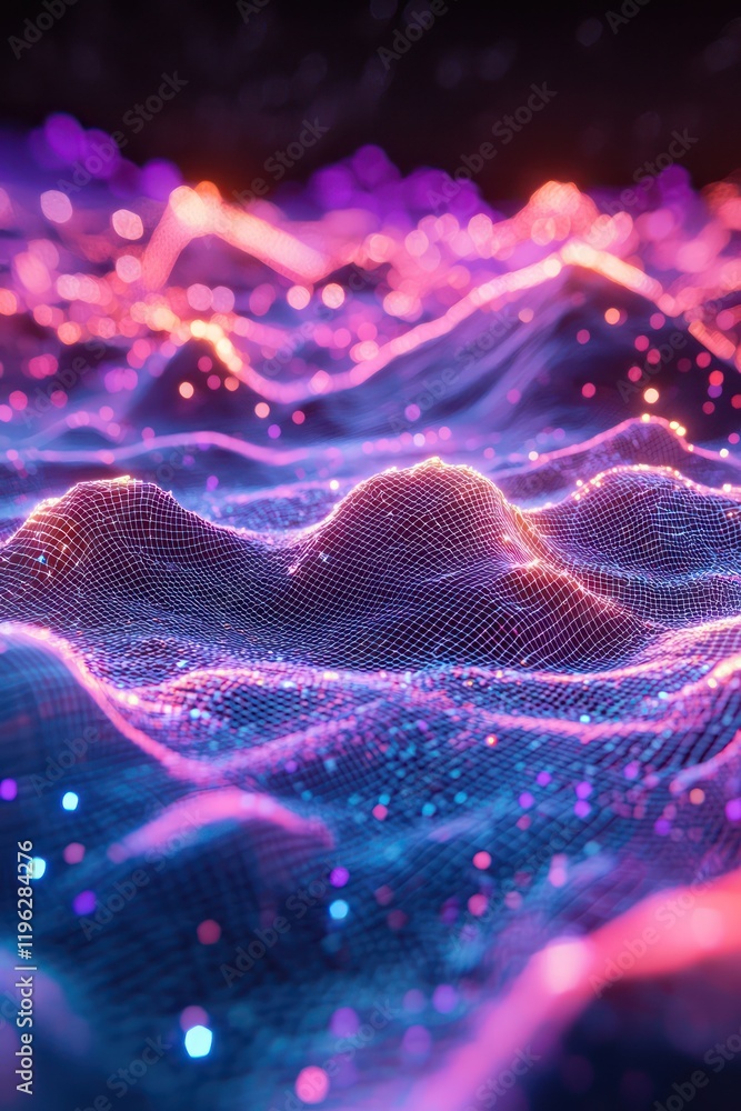 Poster sci-fi landscape rendered in 3d wireframe featuring terrain with particles and cosmos.