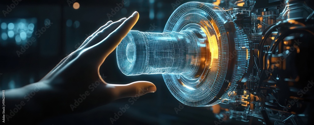 Poster dark background scene of a robot hand with a 3d holographic engine projection.