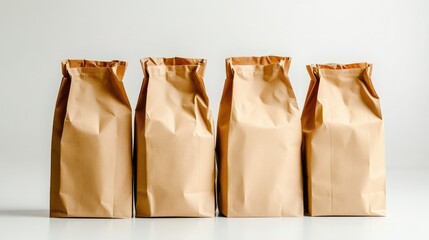 A group of brown paper bags with folded tops and no logos, showcased on a minimalist white background