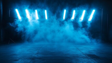 Naklejka premium The dark stage shows, empty dark blue scene background, neon light, and spotlights The asphalt floor and studio room with smoke float up the interior texture for display products.