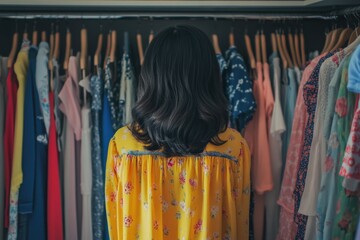 Fototapeta premium Woman Standing in Front of a Closet Filled with Clothes, Deciding What to Wear.