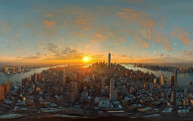 Aerial sunset panorama, Manhattan skyline, cityscape, 360 view, virtual tour