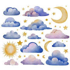Set of watercolor vector clouds, sun, moon, stars. Fantasy pastel color. Children's elements of clouds, clouds and sky.