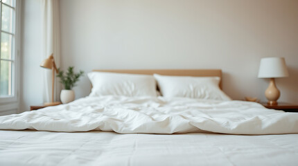 Calming Minimalist Bedroom Interior Design: White Bedding, Serene Atmosphere, and Simple Decor