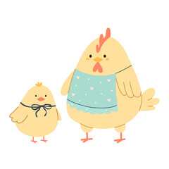 Chicken family, hen mother with yellow baby chick