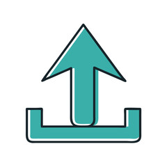 Upload arrow icon with tray in teal outline style