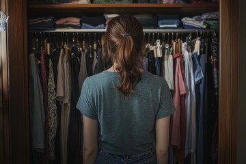 Fototapeta premium Woman Standing in Front of a Closet Filled with Clothes, Deciding What to Wear. 