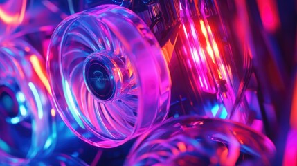 A mesmerizing close-up of RGB-lit cooling fans inside a gaming PC, emitting vivid and colorful light patterns.