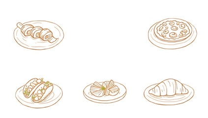 “Minimalist Food Illustration of Popular Dishes” – Simple and artistic line illustrations of globally recognized dishes like sushi, pizza, tacos, and croissants, on a clean white background.
