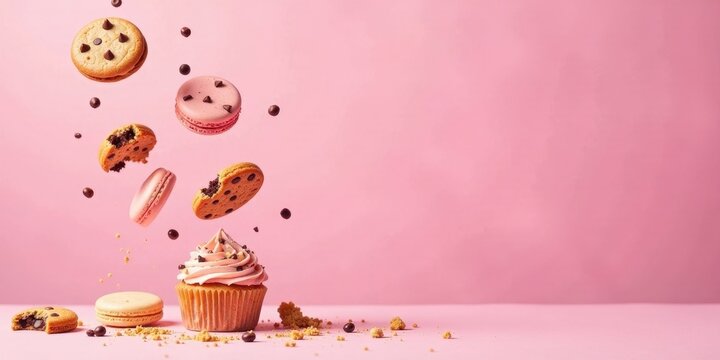 Sweet Treats in Motion A Delightful Display of Cupcakes, Macarons, and Cookies Suspended in Mid-Air Against a Soft Pink Background