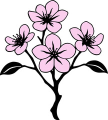 Pink flowers on a branch with delicate petals and green leaves in a simple, elegant design