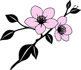 Fototapeta premium Pink flowers on a branch with delicate petals and green leaves in a simple, elegant design