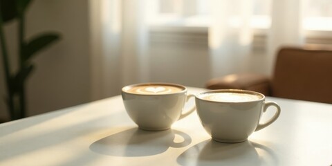 Two cups of aromatic coffee with latte art, bathed in sunlight on a minimalist table