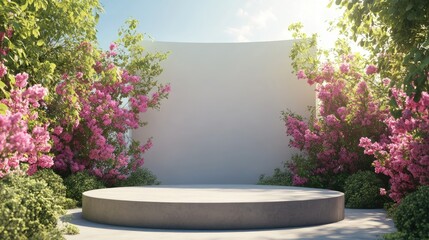 A minimalist 3D podium set in a lush spring garden with vibrant flowers and greenery in full bloom.