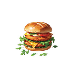 A hamburger with a cheeseburger on it and a green lettuce on the top
