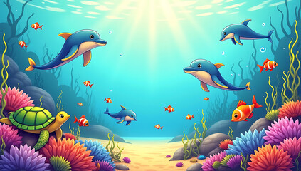 Obraz premium “Whimsical Underwater Scene with Cartoon Marine Life” – A playful and colorful illustration of cartoon sea creatures like dolphins, turtles, and tropical fish swimming among coral reefs. 