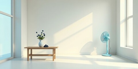 Serene Minimalist Room Interior with Wooden Coffee Table, Blue Flowers, and a Light Blue Fan