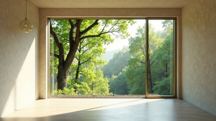 Fototapeta premium Serene Minimalist Interior Design Featuring a Panoramic Window Offering Breathtaking Views of Lush Greenery and Sunlight