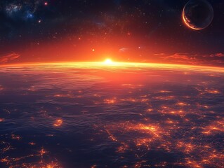 Fototapeta premium Fiery Sunset over a Cityscape on an Alien Planet with a Moon