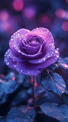 Purple rose glistening with morning dew.