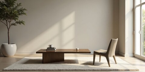 Serene Minimalist Interior Design Featuring a Low Coffee Table and Modern Chair on a Soft Rug