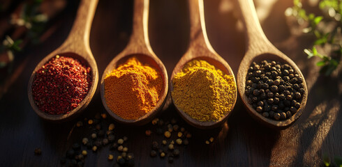 Colorful spices and herbs in wooden spoons on a dark background