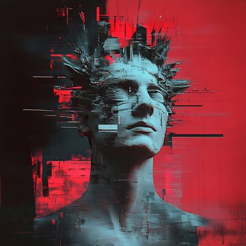 Distorted Digital Portrait of Corrupted Face Consumed by Toxic Online Culture and Disinformation