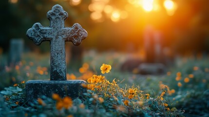 Aged Cross Amid Lush Greenery and Yellow Blooms: Capturing the Serenity of a Cemetery