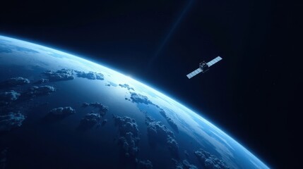 Fototapeta premium A lone satellite orbits a serene planet, a breathtaking view of Earth from the cosmos, showcasing the beauty of our world and the vastness of space