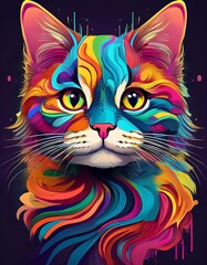 creative bright colorful paint splash portrait of cat with dark background