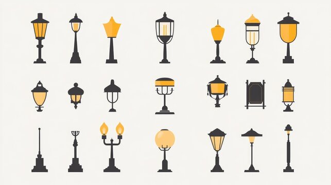 A modern collection of flat icons representing various types of lamps and lighting fixtures on a simple white background.