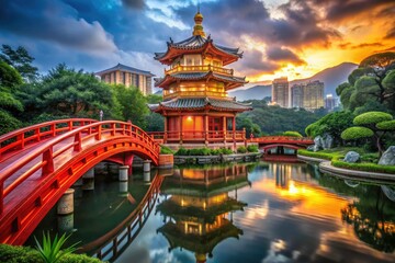 Fototapeta premium Dreamlike Asian temple photography captures Nan Lian Garden's golden splendor.