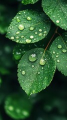 Close-up of lush green leaves with water droplets.