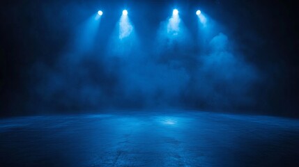 The dark stage shows, empty dark blue scene background, neon light, and spotlights The asphalt floor and studio room with smoke float up the interior texture for display products.