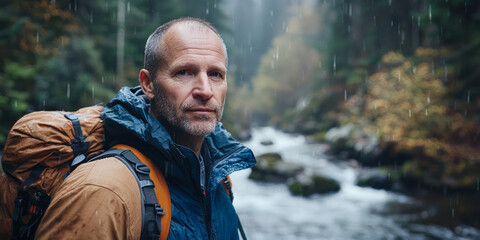 Portrait of an adventurous man with a backpack, looking at the camera and standing by the river in a forest on a rainy day, generative AI