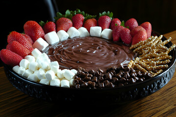 A rich chocolate fondue pot surrounded by strawberries, marshmallows, and pretzels, offering a sweet and romantic treat for two.