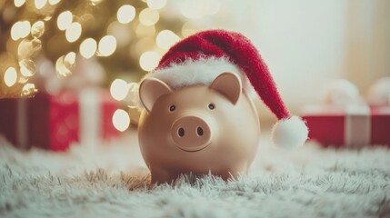 toy, pig, pink, piggy bank wearing a Santa hat, symbolizing holiday savings for Christmas gifts.