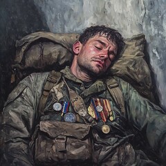 Fototapeta premium Disillusioned Veteran Resting on Hallowed Memorial Ground with Tattered Backpack as Pillow Faded Medals on Chest Melancholic Realist Painting