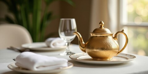 Fototapeta premium Elegant gold teapot on a table setting with a wine glass and napkins